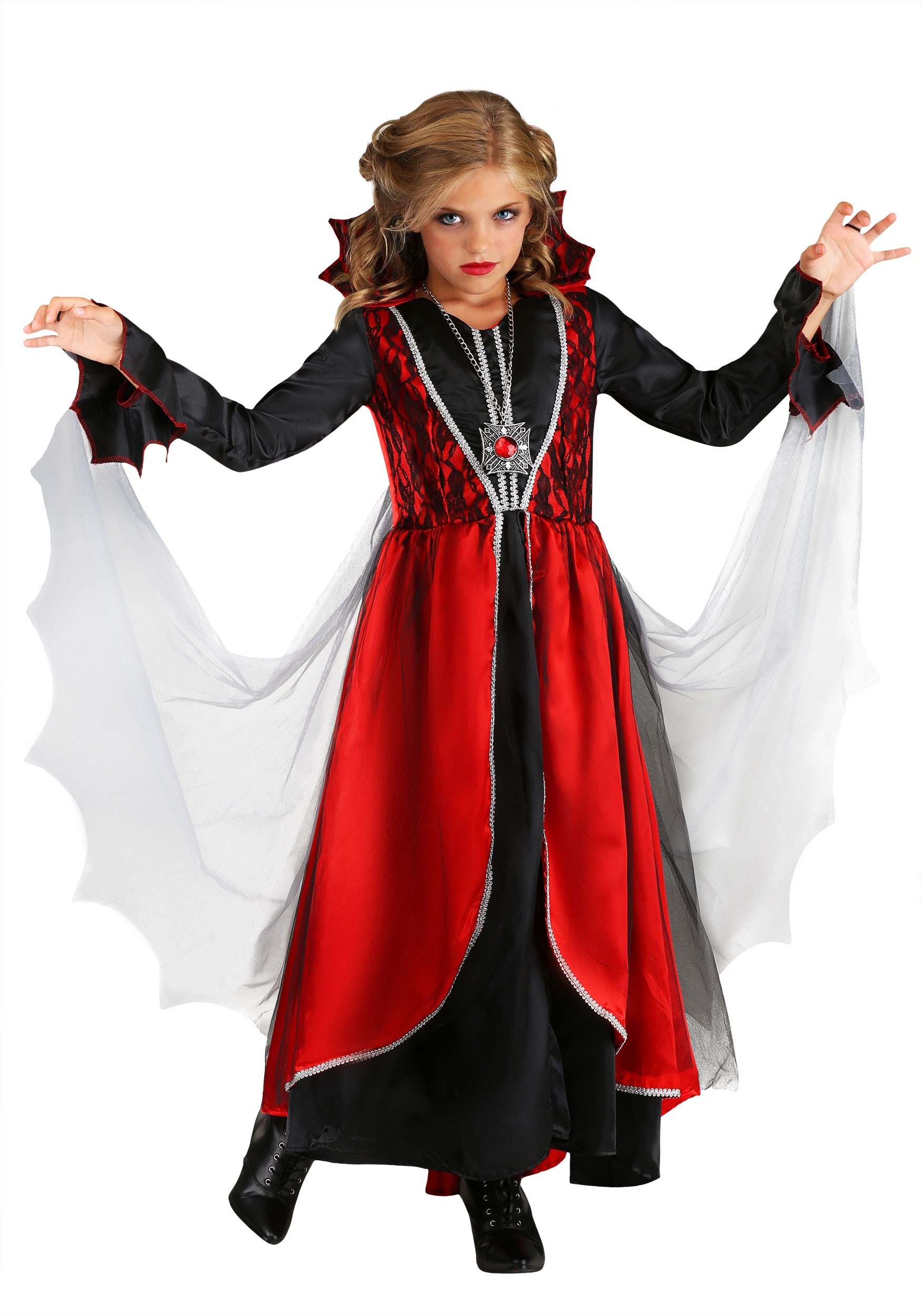 Fantasia Rainha Vampira Infantil de Halloween Com Presas
