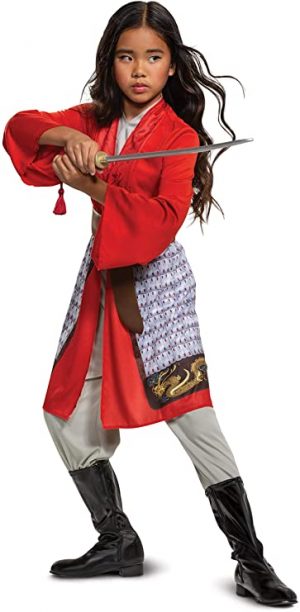 Fantasia Mulan Brilhante Clássica Infantil Luxo – Mulan Costume for Girls, Disney Live Action Movie Hero Dress Up Character Outfit