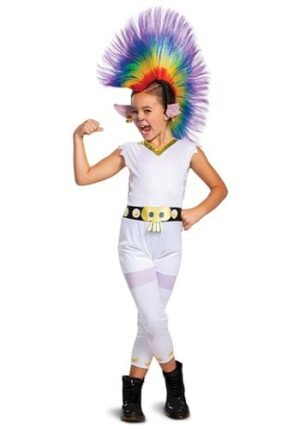 Fantasia clássico do arco-íris de Trolls Barb com peruca- Classic Trolls Barb Rainbow Costume with Wig